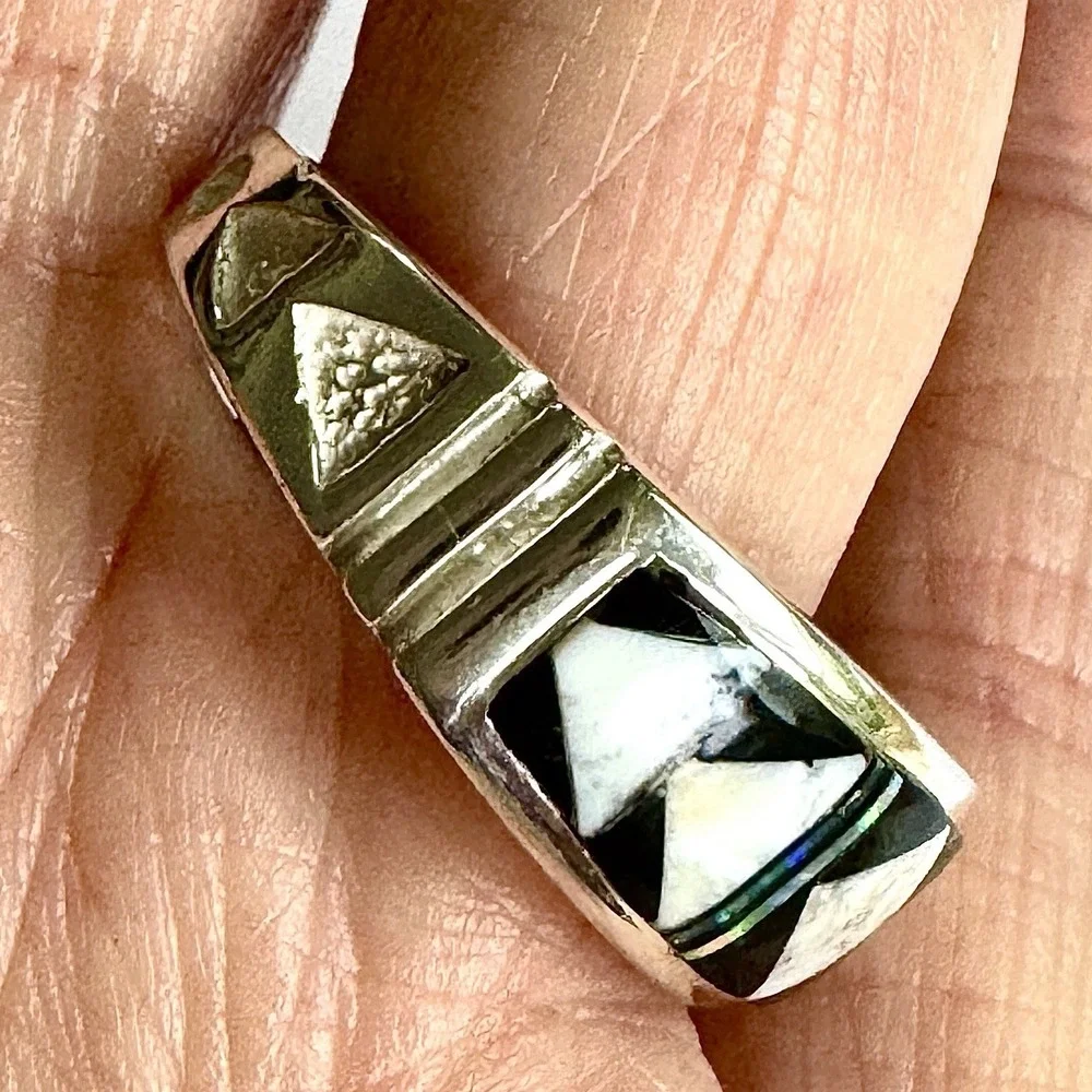 Navajo‎ Inlay Wedding Band Ring Sz 13 Opal White Buffalo 9mm Mens Signed Tolino